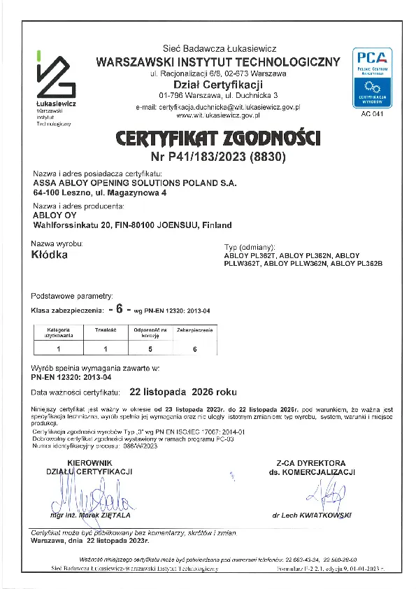 ABLOY Cert 2023 PL362T, PL362N, PLLW362T, PLLW362N, PL362B PL